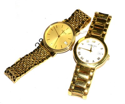 Lot 281 - Two gilt metal wristwatches, signed Tissot & Raymond Weil, quartz movement, integral bracelets
