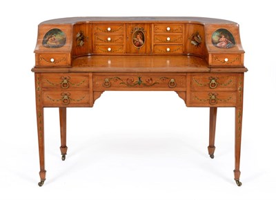 Lot 957 - An Edwardian Satinwood and Polychrome Painted Carlton House Desk, early 20th century, painted...