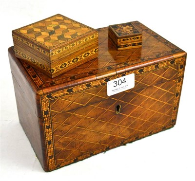 Lot 304 - A Tunbridgeware tea caddy, a Tunbridgeware stamp box and a Tunbridgeware trinket box