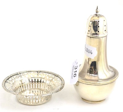 Lot 316 - A silver sugar caster and a silver pierced pin dish