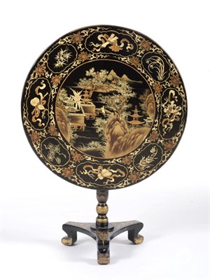 Lot 962 - A Lacquered Chinoiserie Decorated Tilt-Top Pedestal Table, late 19th/early 20th century, richly...