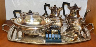 Lot 342 - A silver plated six piece tea service, a silver cigarette case, lorgnettes etc