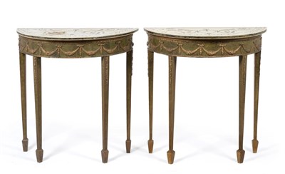 Lot 966 - A Pair of Grey Painted, Parcel Gilt and Gesso D Shaped Tables, with white marble tops decorated...