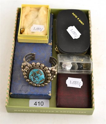 Lot 410 - Three hat pins, three buttons, a turquoise bangle, marcasite jewellery, etc