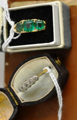 Lot 414 - A green three stone ring and diamond chip ring (2)  The green stones are possibly garnet topped...