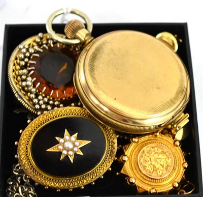 Lot 421 - A gold plated pocket watch, 9ct gold earrings and brooches