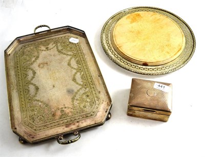 Lot 441 - A silver cigarette box, a plated tray and a bread board on plated mount