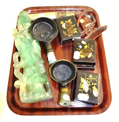 Lot 453 - Two Chinese bronze smoothing irons with jade handles, fluorite figure of Guanyin with broken stand