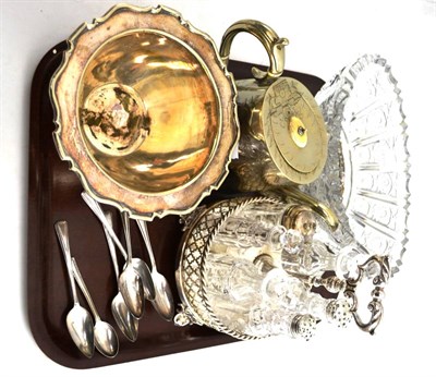 Lot 460 - Plated cruet stand, cut glass dish on gilt metal stand, plated bowl, teapot and five grapefruit...