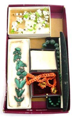 Lot 466 - Malachite necklace and bracelet, coral necklace and earrings and a glass bead necklace