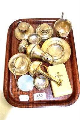 Lot 480 - A silver and enamel compact, two inkwells, etc