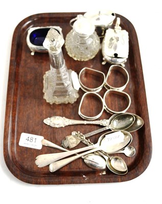 Lot 481 - A silver mustard, another, silver napkin rings, silver teaspoons, silver scent bottle, etc