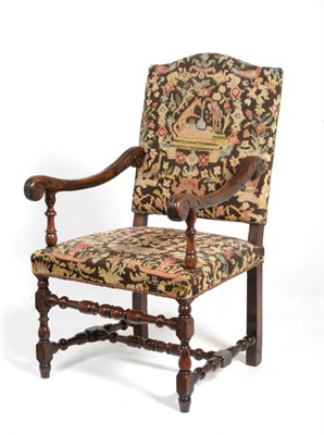 Lot 985 - A Walnut Framed Armchair, in 17th century style, recovered in woolwork fabric depicting Aesop's...