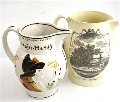 Lot 532 - Prattware Hardy/Nelson jug and a Liverpool creamware jug (2)