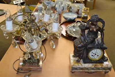 Lot 542 - Figural mantel clock on a marble base with gilt metal mounts and a gilt metal five branch table...