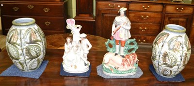 Lot 544 - Two Staffordshire figures and two Denby vases