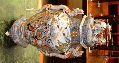 Lot 547 - Japanese large Satsuma pottery vase with dragon handles