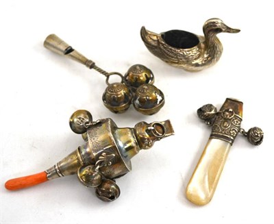 Lot 554 - A silver baby's rattle mounted with four bells and a coral teether, probably Crisford & Norris Ltd