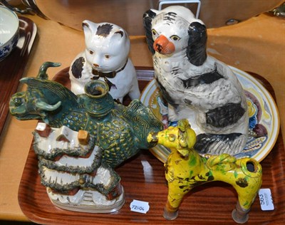 Lot 563 - Staffs dog, pottery cat, pottery animals etc