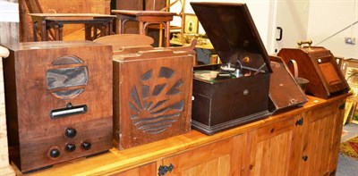 Lot 1009 - Two purdonium's, a brass jam pan, a Pye radio, a Bush radio and a HMV Gramophone