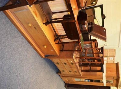 Lot 1014 - Limed oak single mirrored wardrobe, marble top washstand and pine bench seat with drawer...