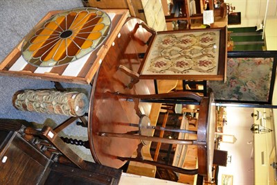 Lot 1020 - Small ebonised three fold screen, mahogany two tier table, firescreen with embroidered insert,...