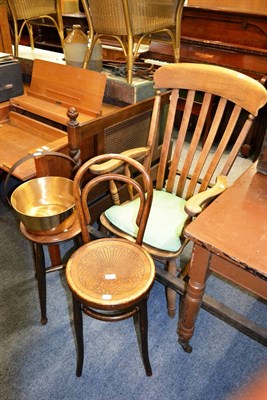 Lot 1027 - An elm kitchen armchair, a bentwood chair, an oak stool and a brass jam pan