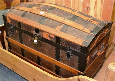 Lot 1029 - A metal bound domed trunk and a mahogany inlaid chair