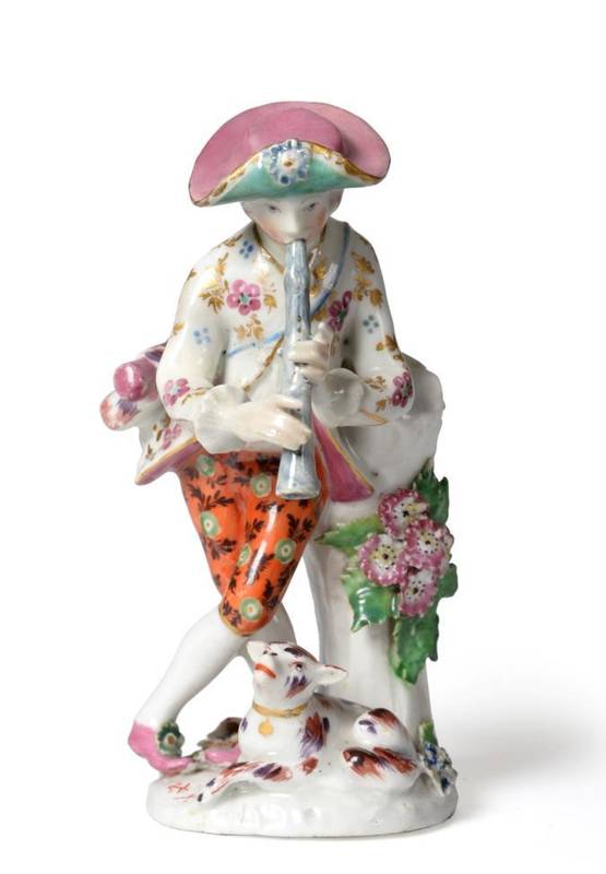 Lot 5 - A Bow Porcelain Figure of a Shepherd, circa 1765, leaning against a tree trunk playing pipes,...