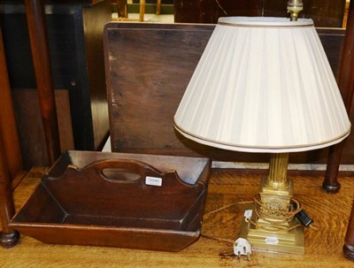 Lot 1045 - A brass table lamp with shade and a mahogany cutlery tray