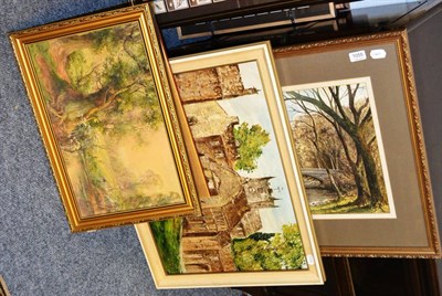 Lot 1055 - A Craven, watercolour landscape, Arncliffe church, three framed oil, watercolour and a print (6)