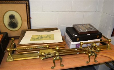 Lot 1058 - Brass fender, brass fire irons and dogs, tea set, flatware and prints