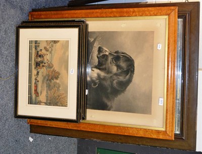 Lot 1073 - A maple framed print of a retriever and woodcock, a set of four coaching prints and a wall mirror