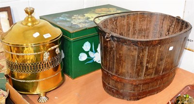 Lot 1080 - Brass coal purdonium, green painted tin trunk with floral decoration and a staved oak basket...