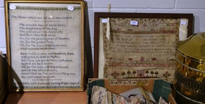 Lot 1081 - Framed alphabet sampler with central verse worked by Mary Bennett age 6 1844, framed 54cm by...