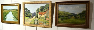 Lot 1084 - Fens in Summer, oil on board by Jean Smith; Cottages at Thornton Dale, oil on board by K B Johnson