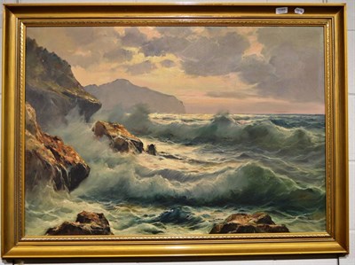 Lot 1085 - Rocky coastal scene, large oil on canvas in gilt frame