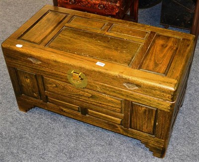 Lot 1088 - Modern carved camphor wood chest, small hinged camphor wood occasional table, pottery jug and bowl