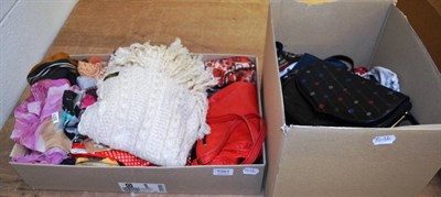 Lot 1091 - Two boxes of assorted silk and other scarves, gloves, handbags etc (in two boxes)