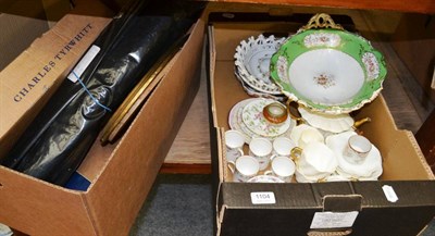 Lot 1104 - Assorted Victorian scraps, maps and ephemera, Foley tea set, other assorted china, etc (in two...