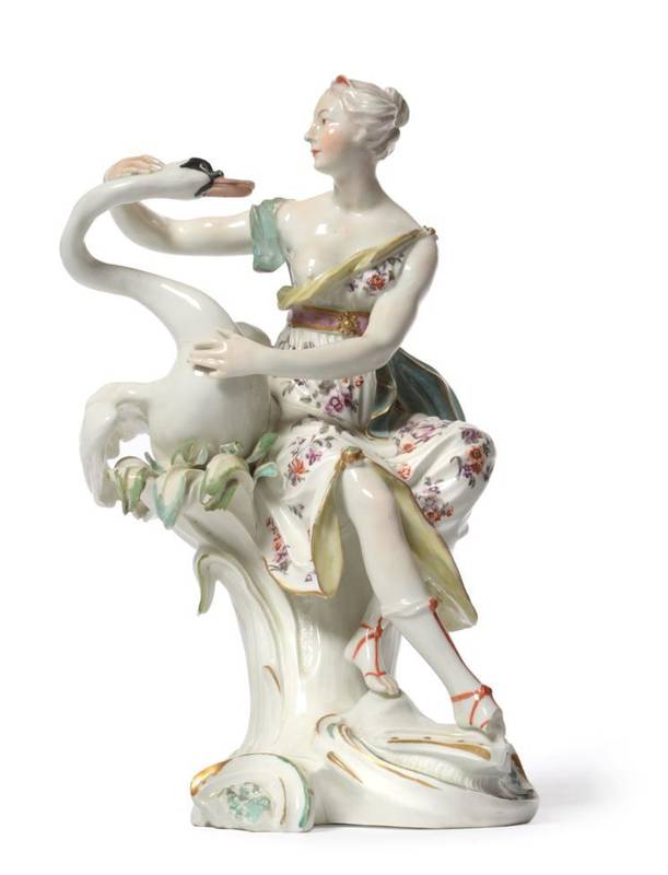 Lot 13 - A Derby Porcelain Figure of Leda and the Swan, circa 1770, the classical maiden sitting on a...