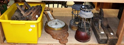 Lot 1109 - Box of woodworking tools, a barometer and two lamps