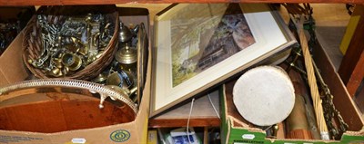 Lot 1110 - Two boxes of assorted metalwares, carpet beater and a watercolour at Wycliffe