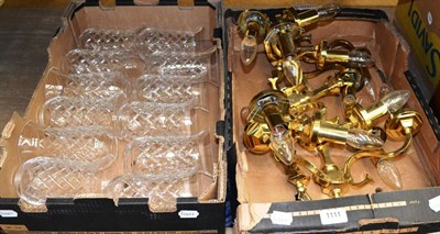 Lot 1111 - A set of six brass two branch wall lights and a set of twelve cut glass shades