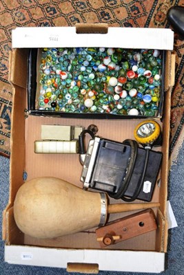 Lot 1115 - Quantity of marbles, Seaham Harbour coal miner's lamp, wig styler and two toys