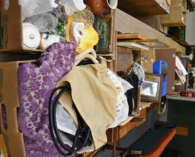 Lot 1119 - Quantity of ceramics, glass, metalwares, including reproduction handbags etc (in eight boxes)