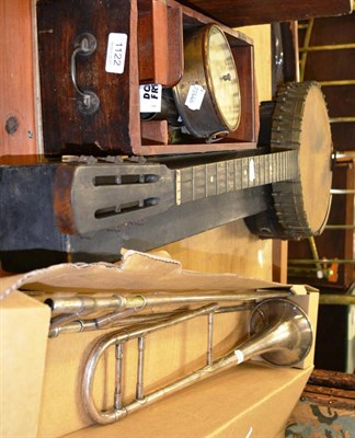 Lot 1122 - Besson nickel/silver trombone, two banjos, a Beck microscope and a barometer