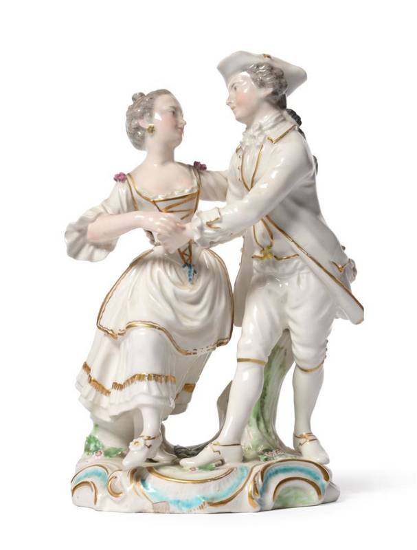 Lot 15 - A Derby Porcelain Figure Group, circa 1775, as a lady and gentleman dancing, on a scroll...