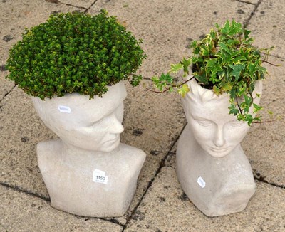 Lot 1150 - Pair of cast stone head planters, male and female, 42cm high