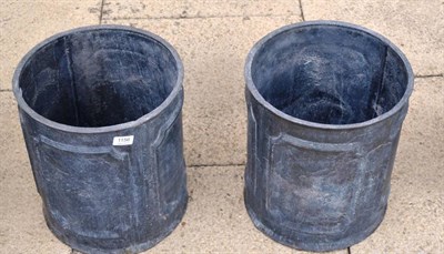 Lot 1156 - Pair of cylindrical lead garden planters with panel decoration, 33cm diameter, 38cm high